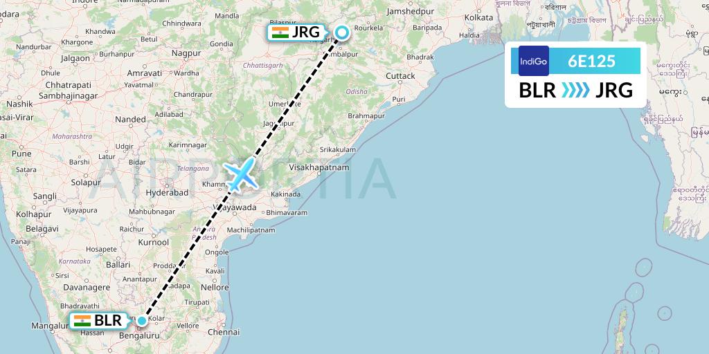 6E125 IndiGo Airlines Flight Map: Bangalore to Ranchi