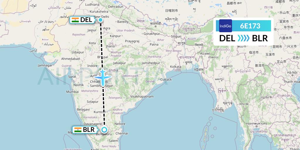6E173 IndiGo Airlines Flight Map: Delhi to Bangalore