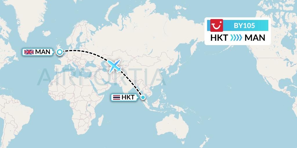 BY105 TUI Airways Flight Map: Phuket to Manchester