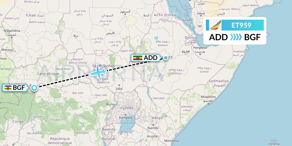 ET959 Ethiopian Airlines Flight Map: Addis Ababa to Bangui