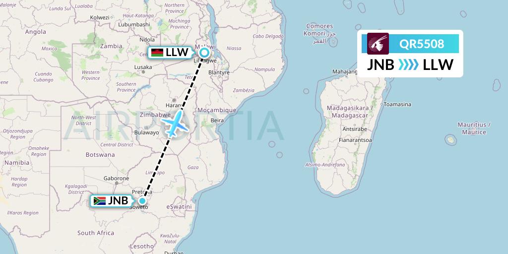 QR5508 Qatar Airways Flight Map: Johannesburg to Lilongwe