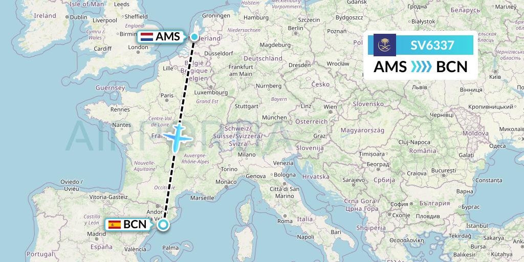 SV6337 Saudi Arabian Airlines Flight Map: Amsterdam to Barcelona