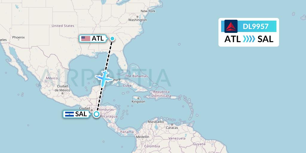 DL9957 Delta Air Lines Flight Map: Atlanta to San Salvador