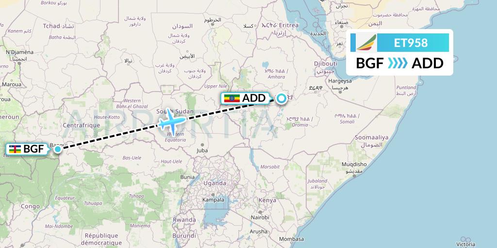 ET958 Ethiopian Airlines Flight Map: Bangui to Addis Ababa