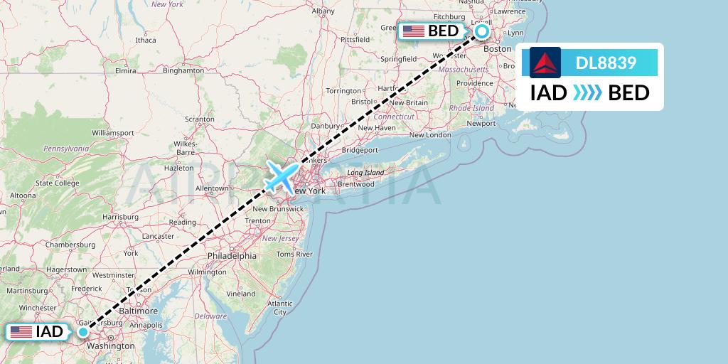 DL8839 Delta Air Lines Flight Map: Washington to Bedford