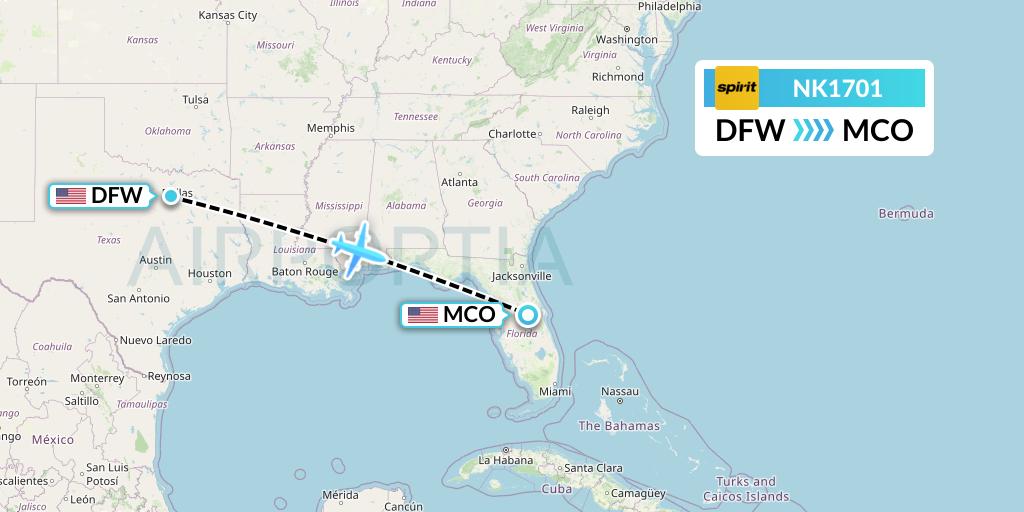 NK1701 Spirit Airlines Flight Map: Dallas to Orlando