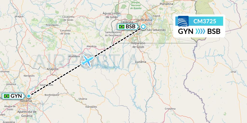 CM3725 Copa Airlines Flight Map: Goiania to Brasilia