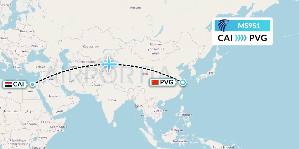 MS951 EgyptAir Flight Map: Cairo to Shanghai