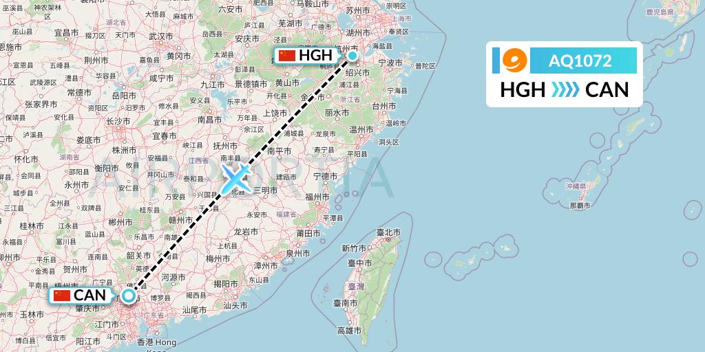 AQ1072 9 Air Flight Map: Hangzhou to Guangzhou