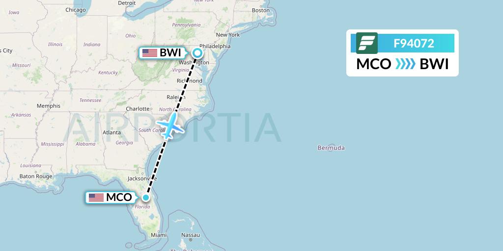F94072 Frontier Airlines Flight Map: Orlando to Baltimore