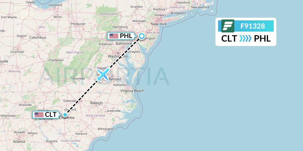 F91328 Frontier Airlines Flight Map: Charlotte to Philadelphia