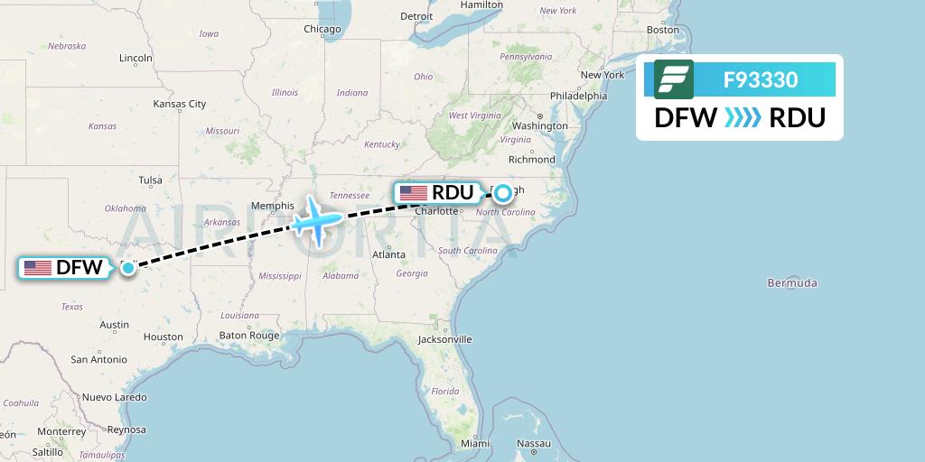 F93330 Frontier Airlines Flight Map: Dallas to Raleigh-Durham
