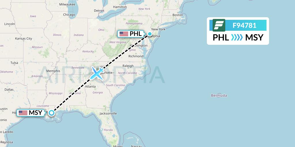 F94781 Frontier Airlines Flight Map: Philadelphia to New Orleans