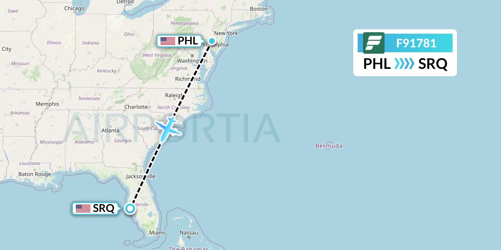 F91781 Frontier Airlines Flight Map: Philadelphia to Sarasota