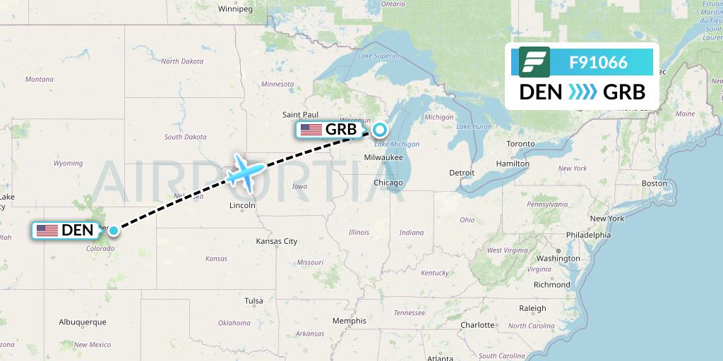 F91066 Frontier Airlines Flight Map: Denver to Green Bay