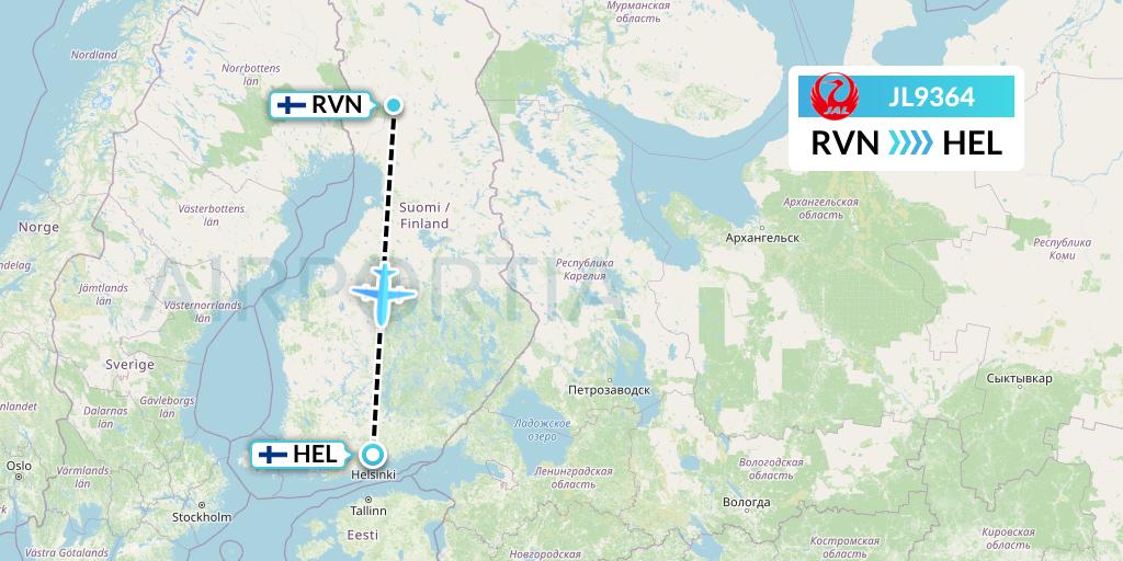JL9364 Japan Airlines Flight Map: Rovaniemi to Helsinki