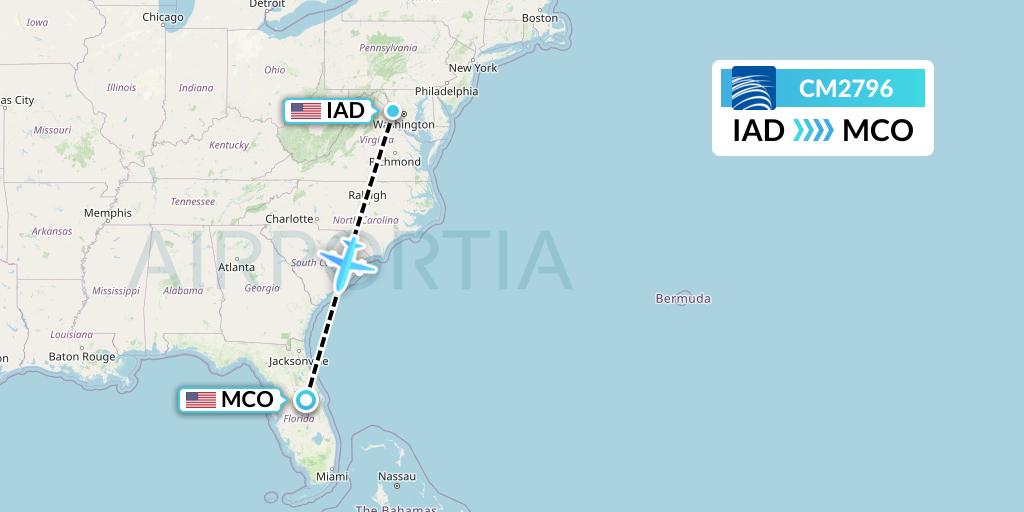 CM2796 Copa Airlines Flight Map: Washington to Orlando