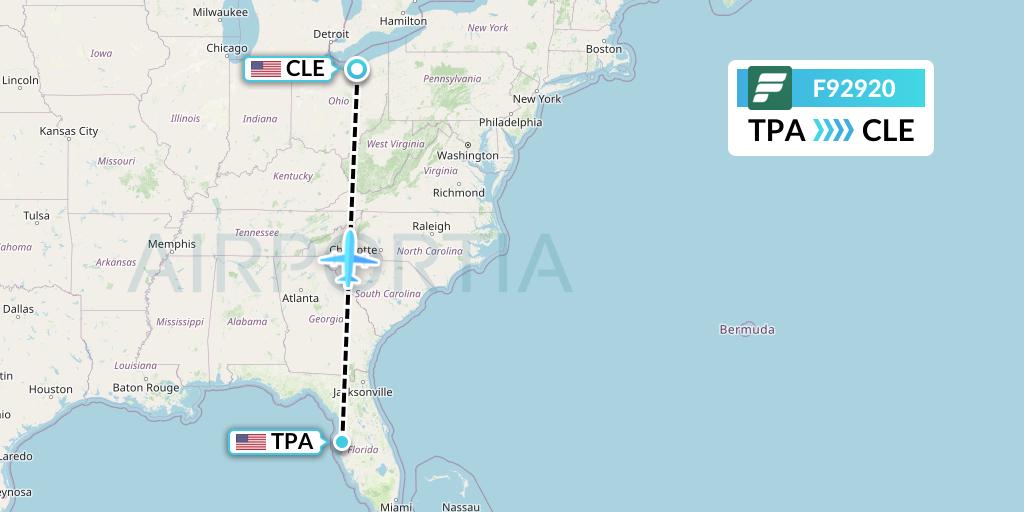 F92920 Frontier Airlines Flight Map: Tampa to Cleveland