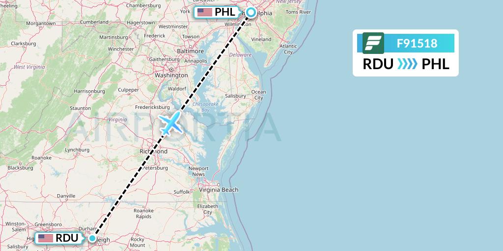 F91518 Frontier Airlines Flight Map: Raleigh-Durham to Philadelphia