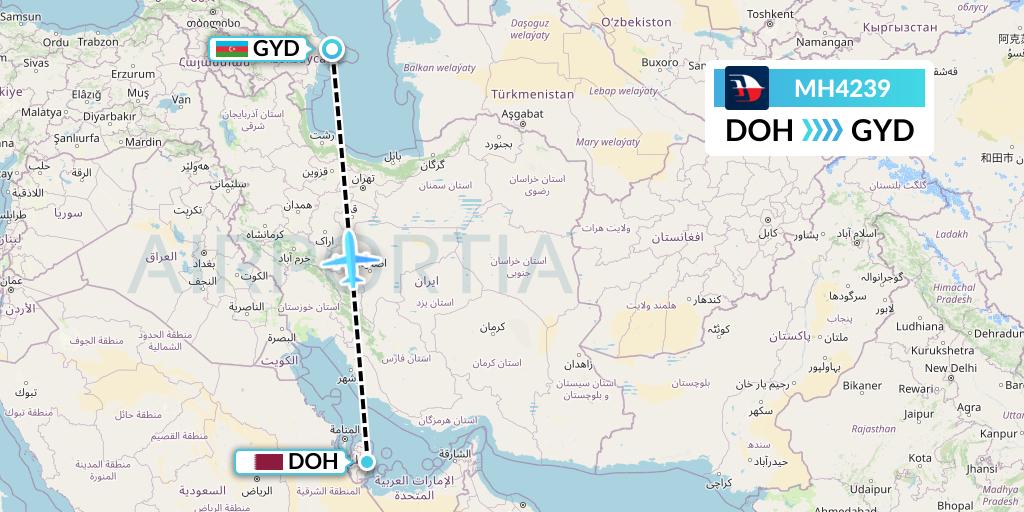 MH4239 Malaysia Airlines Flight Map: Doha to Baku