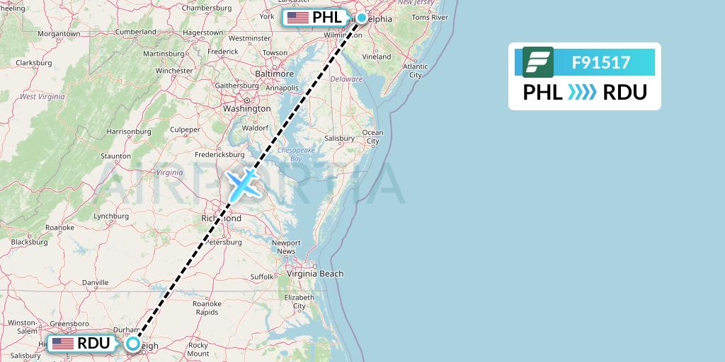F91517 Frontier Airlines Flight Map: Philadelphia to Raleigh-Durham