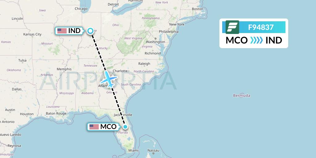 F94837 Frontier Airlines Flight Map: Orlando to Indianapolis