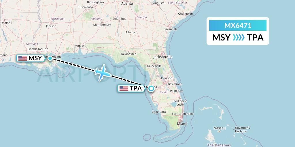 MX6471 Breeze Airways Flight Map: New Orleans to Tampa