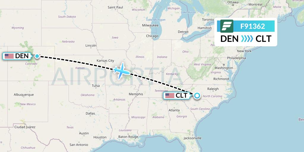 F91362 Frontier Airlines Flight Map: Denver to Charlotte