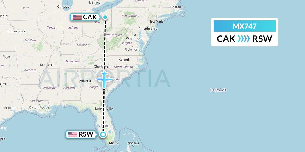 MX747 Breeze Airways Flight Map: Akron to Fort Myers