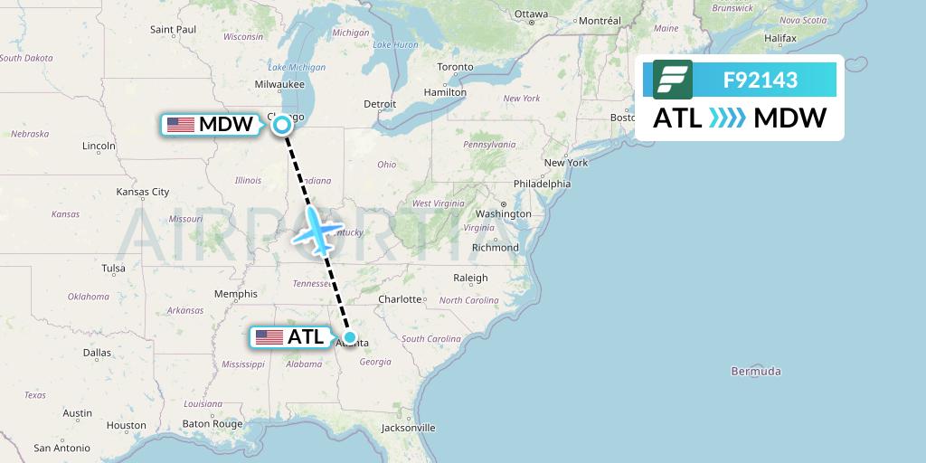 F92143 Frontier Airlines Flight Map: Atlanta to Chicago