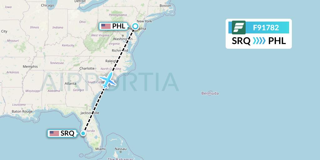 F91782 Frontier Airlines Flight Map: Sarasota to Philadelphia
