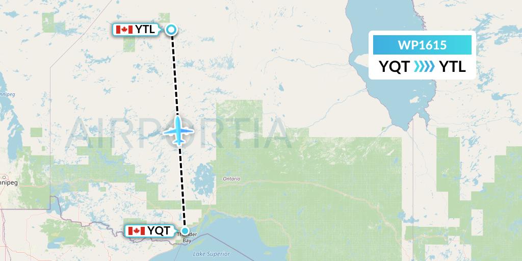 WP1615 Wasaya Airways Lp Flight Map: Thunder Bay to Big Trout