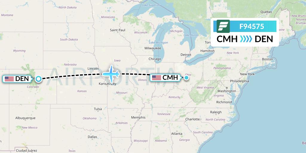 F94575 Frontier Airlines Flight Map: Columbus to Denver