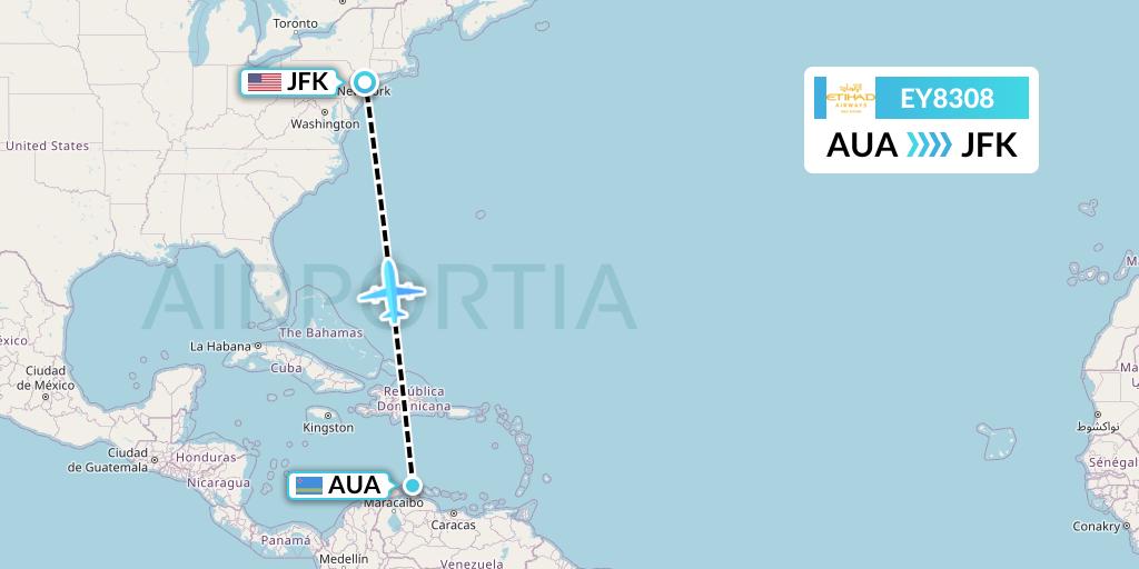 EY8308 Etihad Airways Flight Map: Oranjestad to New York