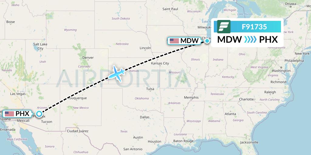 F91735 Frontier Airlines Flight Map: Chicago to Phoenix