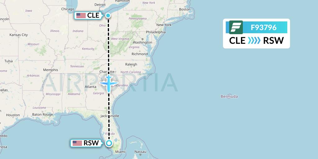 F93796 Frontier Airlines Flight Map: Cleveland to Fort Myers