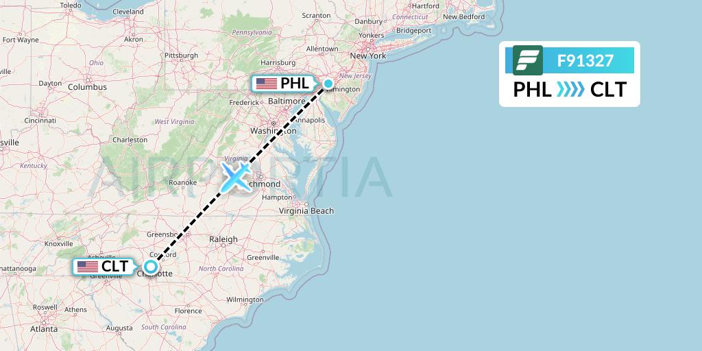 F91327 Frontier Airlines Flight Map: Philadelphia to Charlotte