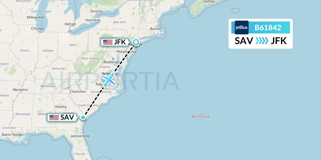 B61842 JetBlue Airways Flight Map: Savannah to New York