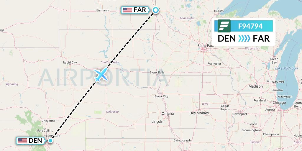 F94794 Frontier Airlines Flight Map: Denver to Fargo