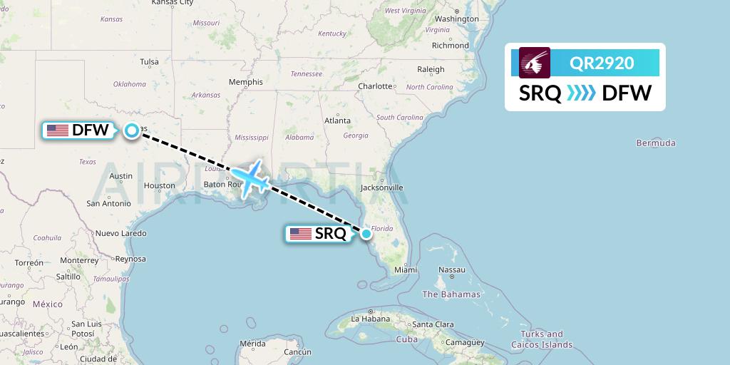 QR2920 Qatar Airways Flight Map: Sarasota to Dallas