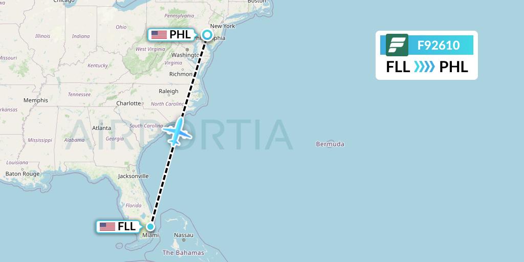 F92610 Frontier Airlines Flight Map: Fort Lauderdale to Philadelphia