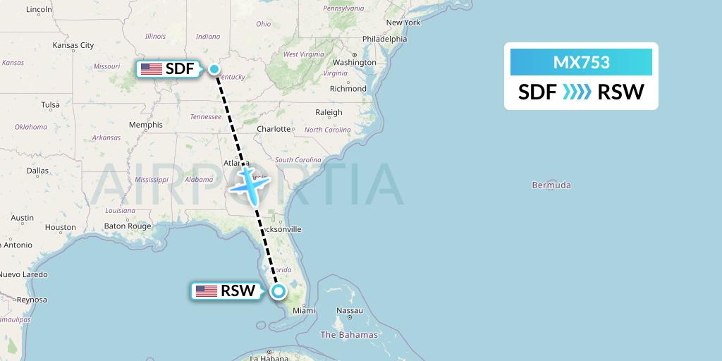 MX753 Breeze Airways Flight Map: Louisville to Fort Myers