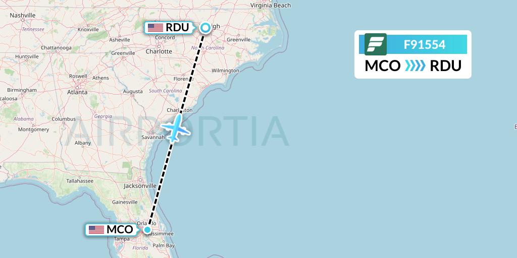 F91554 Frontier Airlines Flight Map: Orlando to Raleigh-Durham