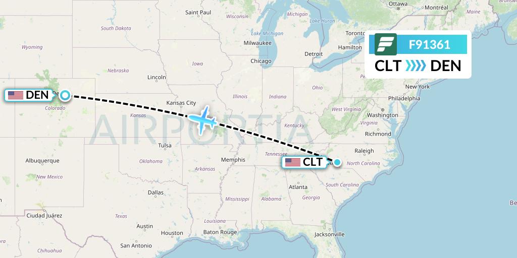 F91361 Frontier Airlines Flight Map: Charlotte to Denver