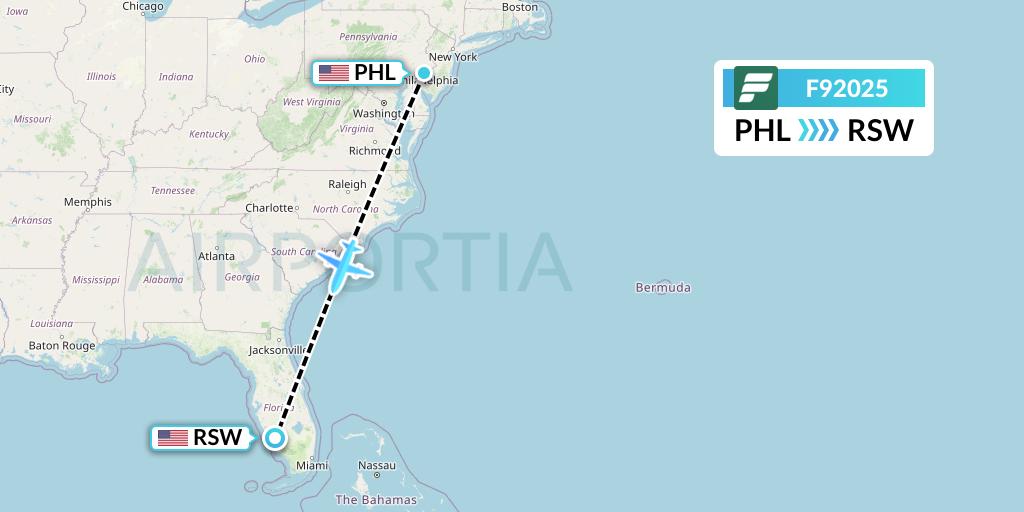 F92025 Frontier Airlines Flight Map: Philadelphia to Fort Myers