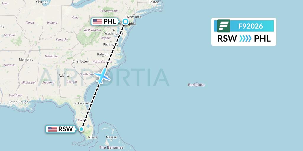 F92026 Frontier Airlines Flight Map: Fort Myers to Philadelphia