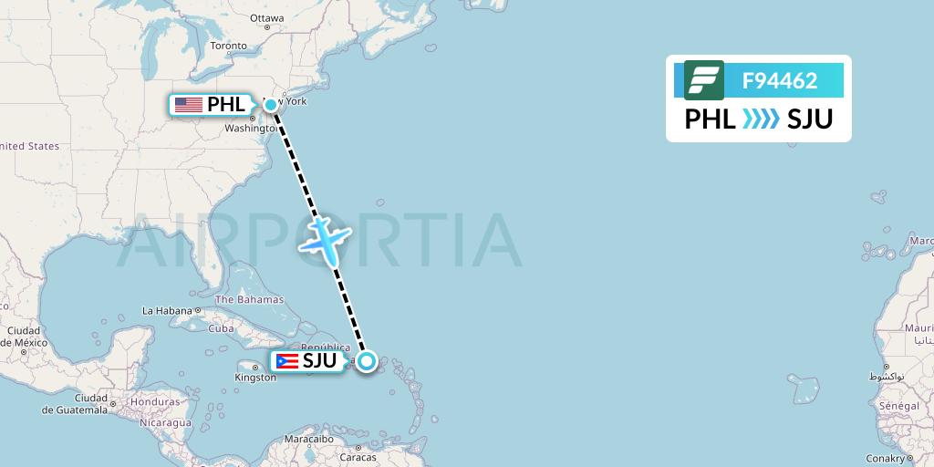 F94462 Frontier Airlines Flight Map: Philadelphia to San Juan