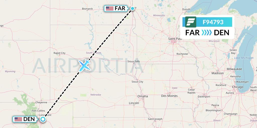 F94793 Frontier Airlines Flight Map: Fargo to Denver