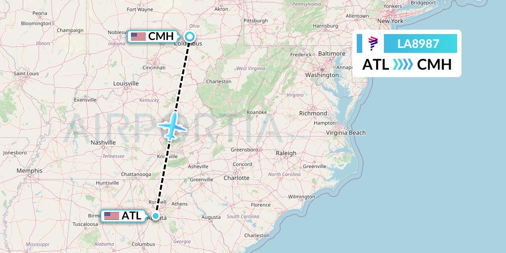 LA8987 LAN Airlines Flight Map: Atlanta to Columbus