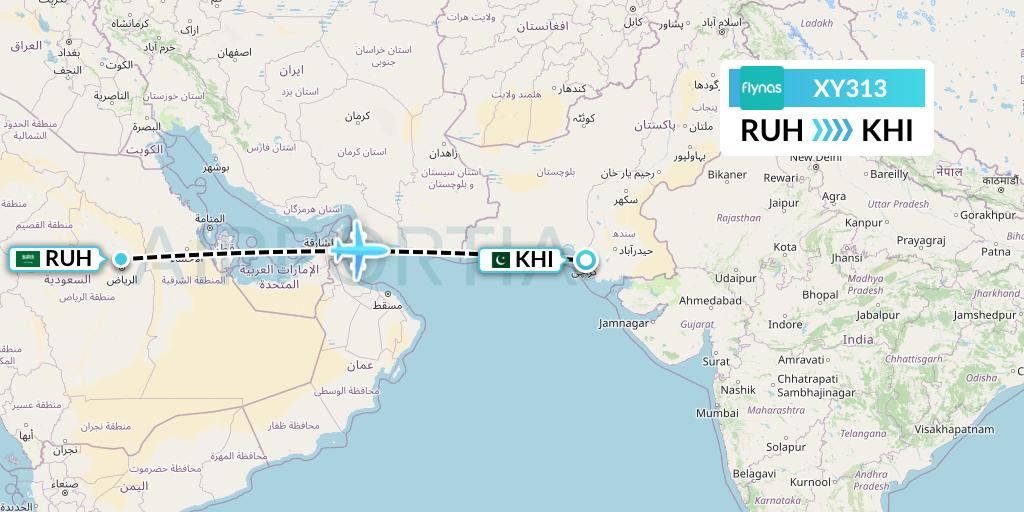 XY313 Flynas Flight Map: Riyadh to Karachi